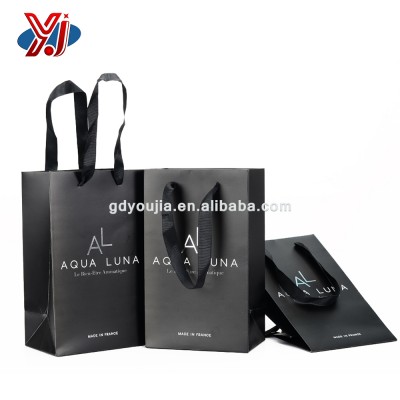 Custom logo print flat black gift bag craft paper shopping bag rope handle